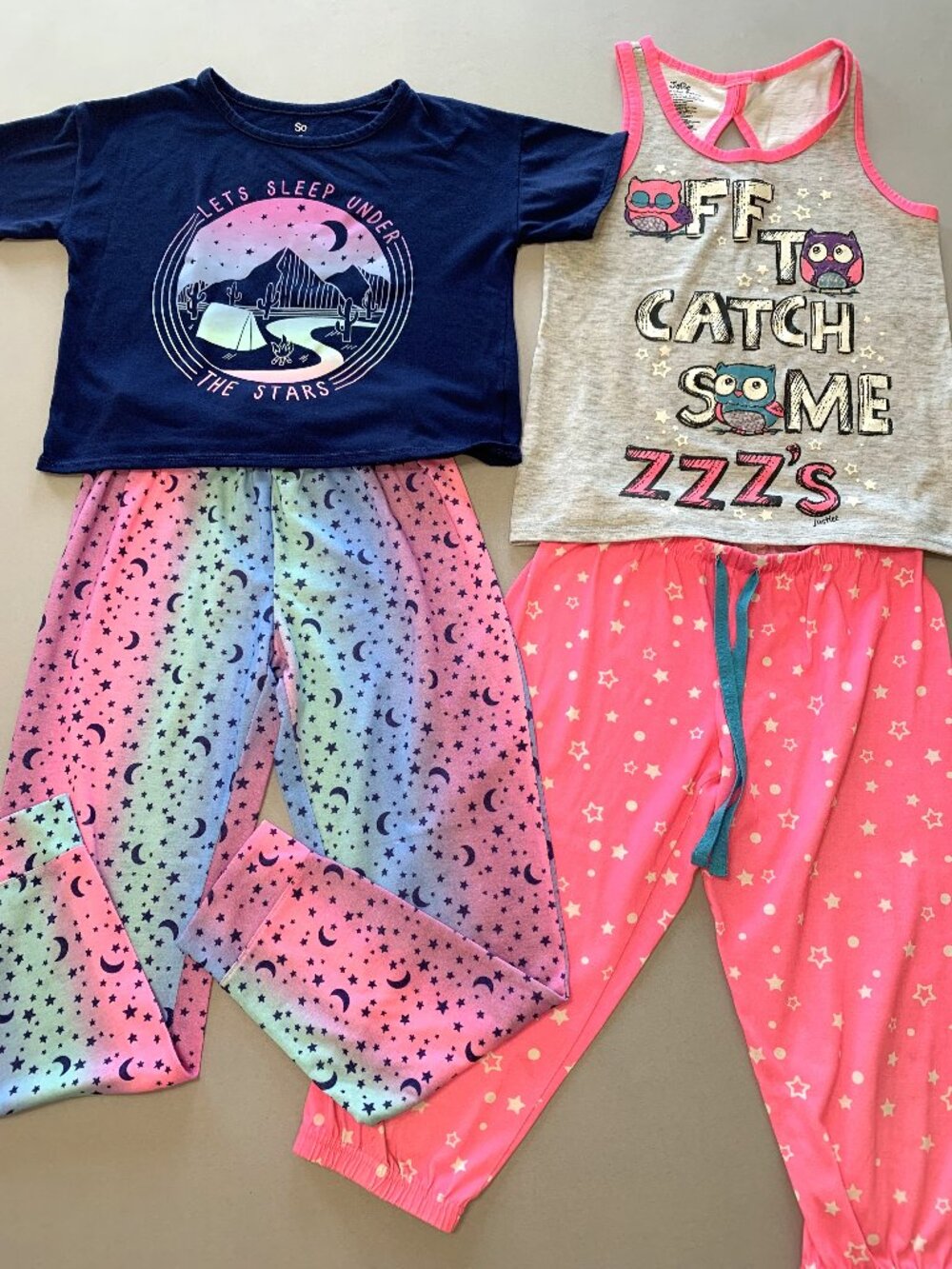 4 Piece Girls Pajama Set Short Sleeves/Pants Justice/SO Size 10/12 Pink Blue